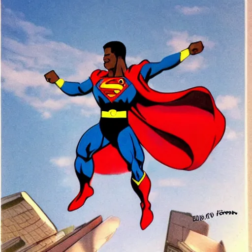 Prompt: black superman flying. super dialed. super muscled