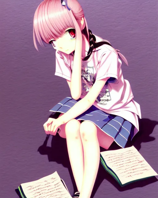Prompt: richly detailed color  illustration of a young truant female loner prep highschool student surrounded by beautiful cursive writing, large format image. illustrated by Range Murata. 3D shadowing.