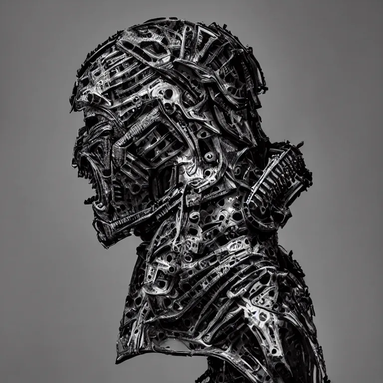 Image similar to face portrait spinal biomechanical matte black exoskeleton armor masked people from future tokyo fashion photography, artistic photography, beautiful hypebeast 8K intricate detailed fashion promo