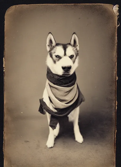 Image similar to late 1 8 0 0 s daugerrotype photograph of a happy husky dog wearing a scarf