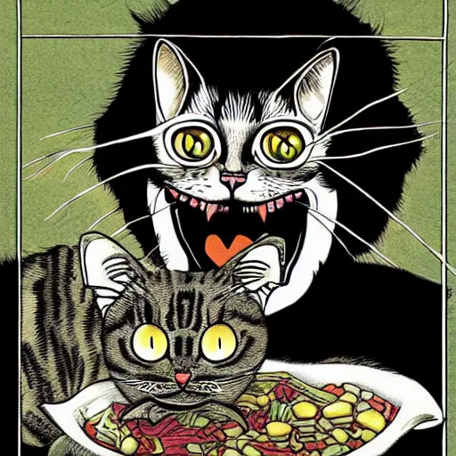 Image similar to a cat by junji ito, colored, realistic, horror