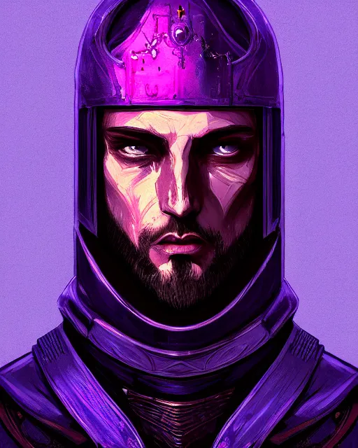 Image similar to a portrait of a medieval king, cyberpunk, purple color scheme, grim - lighting, high - contrast, intricate, elegant, highly detailed, digital painting, artstation, concept art, smooth, sharp focus, illustration