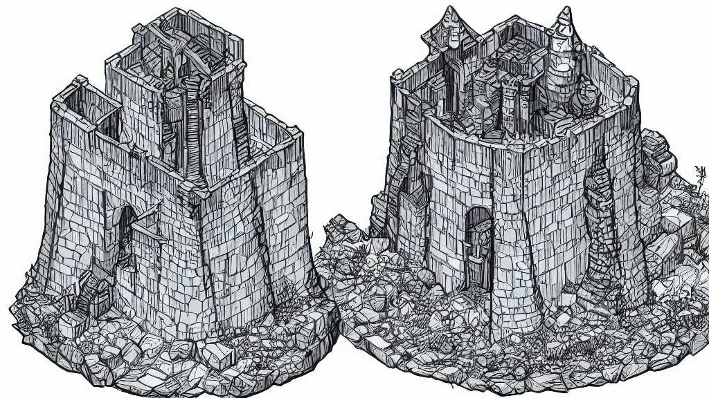 Image similar to isometric view of a wizard tower that's surrounded by rocks and mountains, lineart