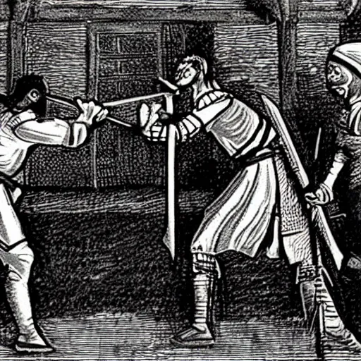 Prompt: medieval sword fight cctv footage, coloured photo