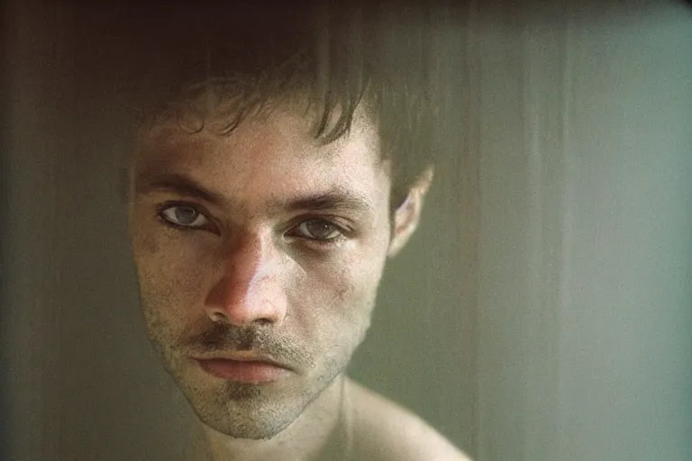 Prompt: a cinematic!! headshot photograph!! of a male, looking through frosted glass, dirt, film still, cinematic lighting, by bill henson, paolo roversi