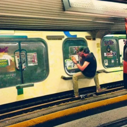 Prompt: toonami tom vandalizing subway