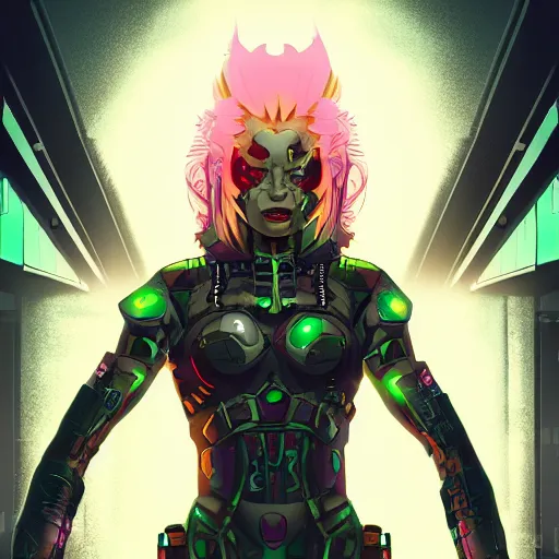 Prompt: cyberpunk woman oni, high camera angle, in the graphic style of Matt Sanz and DC Comics, hyper detailed, trending on artstation, green glow