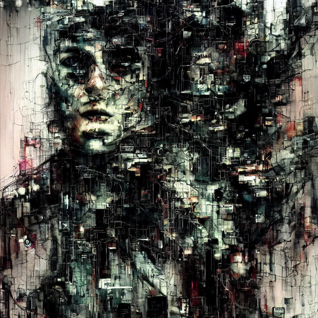 Image similar to glitchcore portrait of a cyberpunk dreamer, wires, machines, in a dark future city by jeremy mann, francis bacon and agnes cecile, and dave mckean ink drips, paint smears, digital glitches glitchart