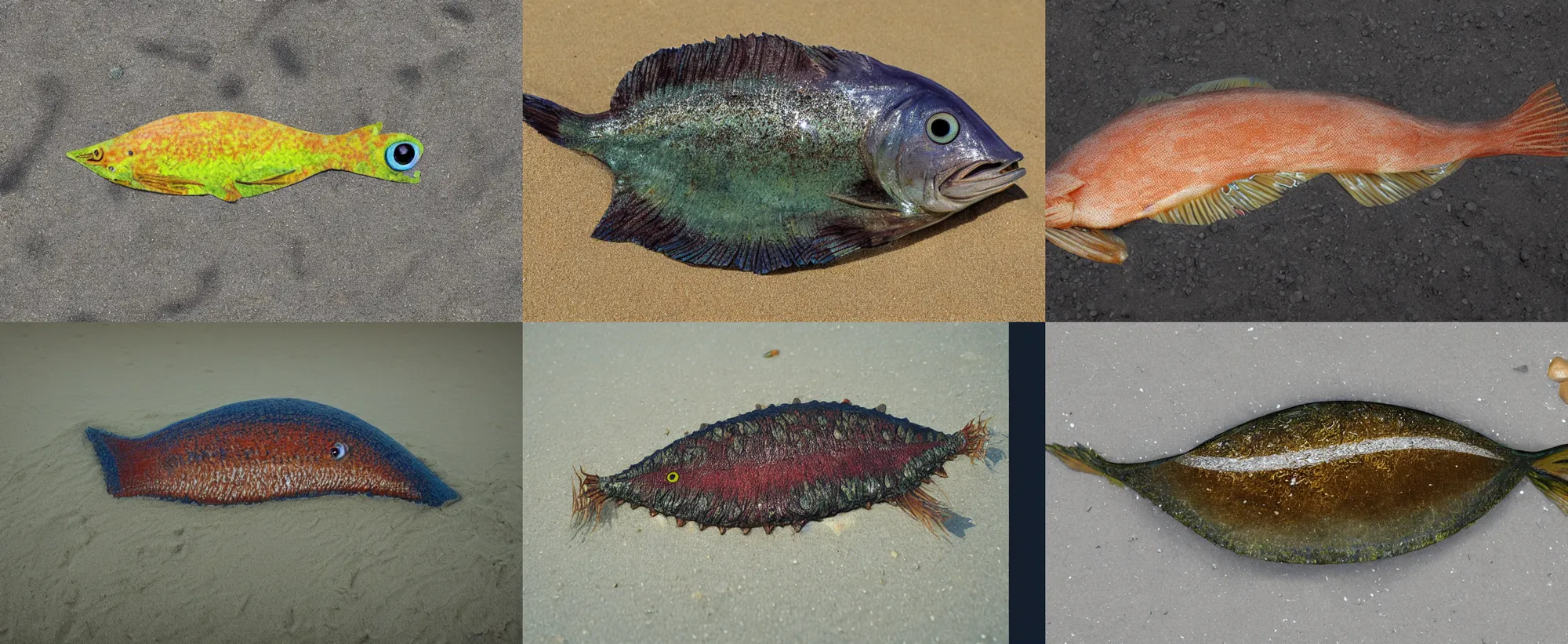 Prompt: mutant fish, with many eyes, on the sand, photo realistic, side view, flash, daylight, film photo