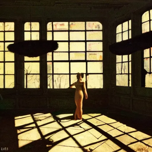 Image similar to a black unicorn in a soviet abandoned building, film still by david lynch, depicted by balthus, limited color palette, very intricate, art nouveau, highly detailed, lights by hopper, soft pastel colors, minimalist