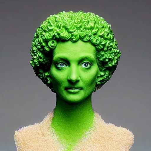 Prompt: a Chia Pet in the shape of a bust of Uma Thurman as Poison Ivy