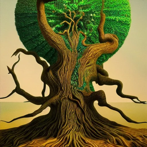 Prompt: Trending on artstation, award-winning, highly detailed, surrealist painting of a tree, in the style of Salvador Dalí