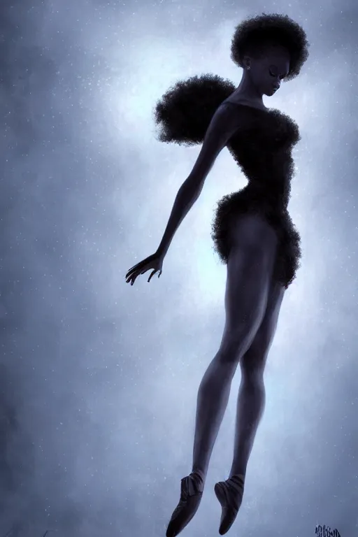 Image similar to black prima ballerina, gorgeous, ethereal, intricate, elegant, volumetric lighting, nature scenery, digital painting, highly detailed, artstation, sharp focus, illustration, concept art, clive barker