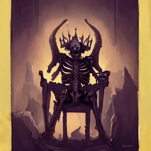 Prompt: Skeleton King resting on his throne, oil painting, by Fernanda Suarez and Greg Rutkowski