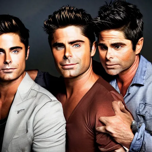Prompt: portrait of zac efron and john stamos and rob lowe, vogue magazine cover, dramatic light, photoshoot, face photo, detailed, face details sharp,