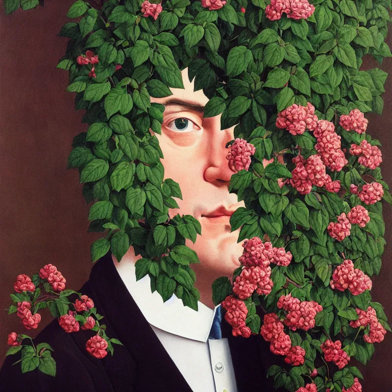 Image similar to portrait of a man, face hidden by beautiful flowers, by rene magritte, detailed painting, hd, hq, high resolution, high detail, 4 k, 8 k