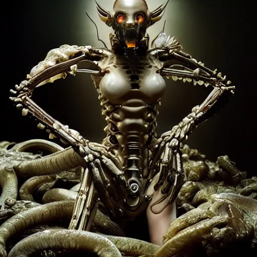 Image similar to still frame from Prometheus movie by Makoto Aida, biomechanical orchids mantis angel gynoid by giger, metal couture by neri oxmn and Guo pei, editorial by Malczewski and by Caravaggio