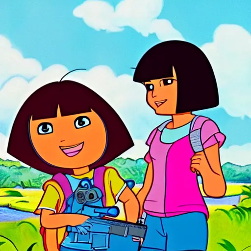 Prompt: Dora the explorer teaching how to use a gun