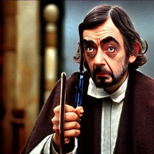 Image similar to Still of Mr. Bean as jedi master Obiwan kenobi!!!!. in Star Wars (1977). detailed eyes. medium shot, technicolor. light saber