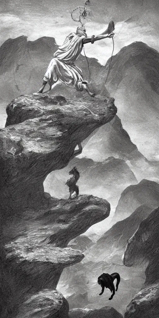 Image similar to The Fool tarot illustration, matte painting, black and white, small dog chasing after him, cliffs