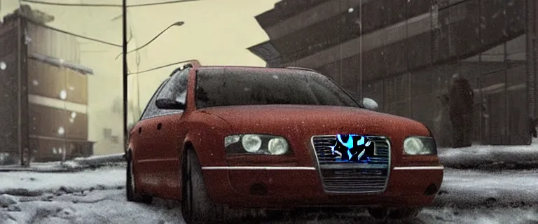 Image similar to Audi A4 B6 Avant (2002), a gritty neo-noir, dramatic lighting, cinematic, eerie person, death, homicide, homicide in the snow, viscera splattered, gunshots, establishing shot, extremely high detail, photorealistic, cinematic lighting, artstation, by simon stalenhag, Max Payne (PC) (2001) winter New York at night, In the style of Max Payne 1 graphic novel, flashing lights, Poets of the Fall - Late Goodbye