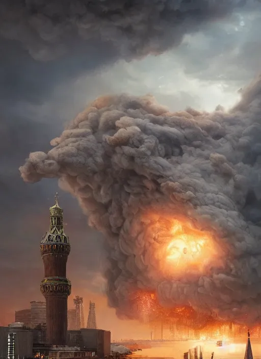 Image similar to hyper realistic giant fluffy caracal attacking moscow city harbor explosions, atmospheric beautiful details, strong composition painted by kim jung giu weta studio rutkowski, james gurney and greg rutkowski, and lucasfilm