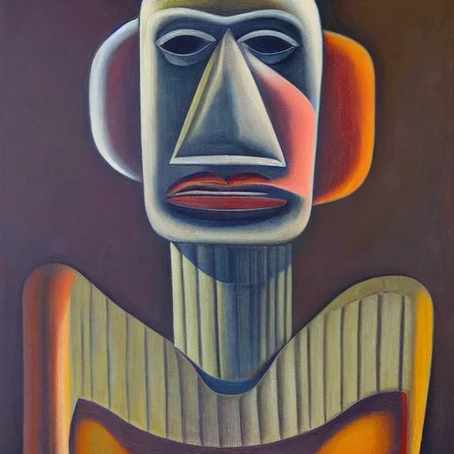 Image similar to brutalist giant unfeeling robot visage, portrait, atrium, rotunda, dystopian, pj crook, edward hopper, oil on canvas