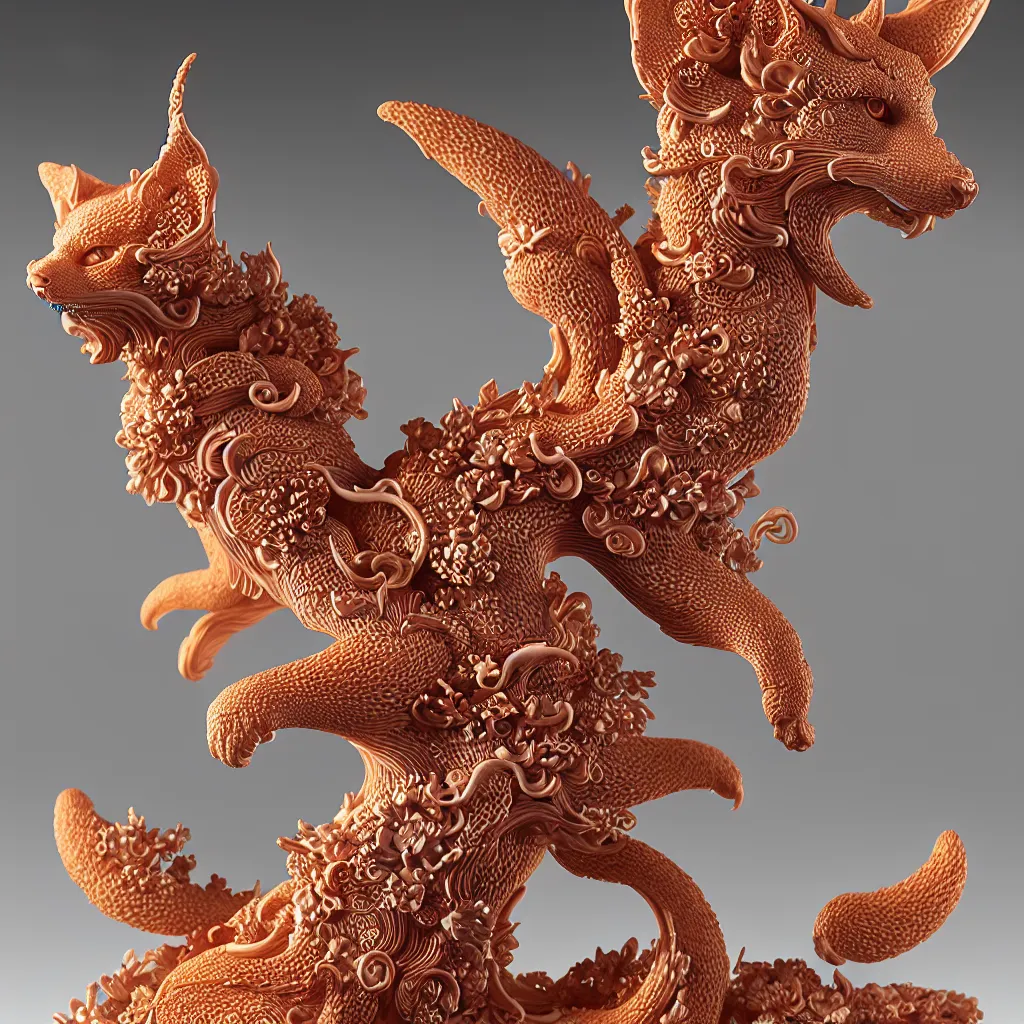 Prompt: a closeup photo - real delicate ceramic porcelain sculpture of an ornate detailed kitsune in front of a intricate background by victo ngai and takato yamamoto, micro detail, backlit lighting, subsurface scattering, translucent, thin porcelain, octane renderer, colorful, physically based rendering, japanese pottery, trending on cgsociety