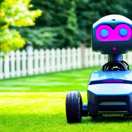 Prompt: Robot mowing the lawn on a bright sunny day, sky is blue with clouds