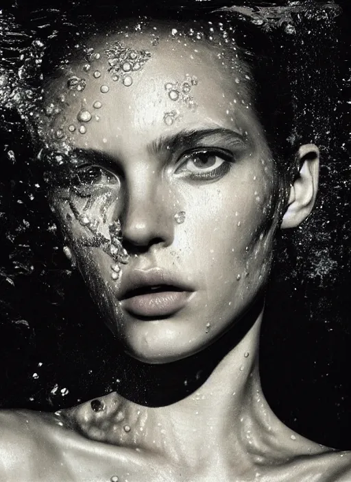 Prompt: close - up portrait of beautiful young woman underwater, art by mario testino, peter lindbergh