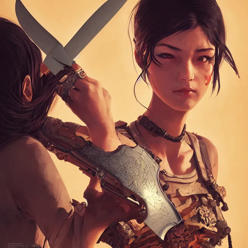 Image similar to full atomic scan face shot of a beautiful warlord girl, in tshirt with her buck knife ready, her morbid interests, irish, by saruei and guweiz and ilya kuvshinov and george miller, digital art, highly detailed, intricate, sharp focus, trending on artstation hq, deviantart, pinterest, unreal engine 5, 4 k uhd image