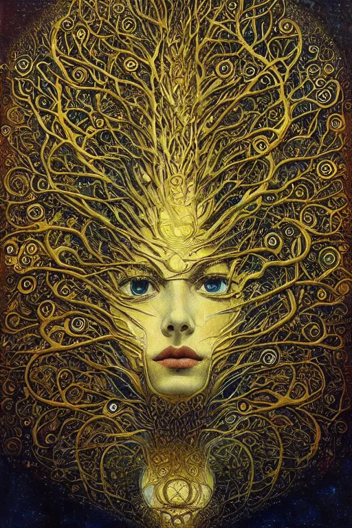 Image similar to Tree of Life by Karol Bak, Jean Deville, Gustav Klimt, and Vincent Van Gogh, mysterious, sacred geometry, Surreality, radiant halo, otherworldly, enigma, fractal structures, celestial, arcane, ornate gilded medieval icon, third eye, spirals