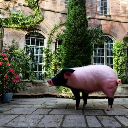 Image similar to pig wearing victorian dress in the courtyard doing crossfit