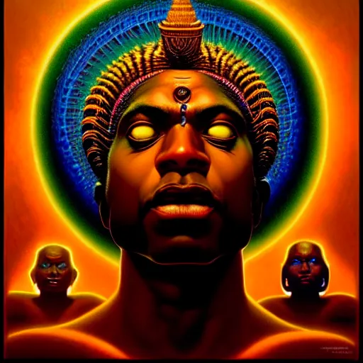 Prompt: cinematic portrait of a melanated tantric deity with water pouring out of third eye, intricate, desaturated, Tim Hildebrandt, Wayne Barlowe, Bruce Pennington, donato giancola, larry elmore, maxfield parrish, Moebius, Thomas Ehretsmann, oil on canvas, gouache painting, masterpiece, trending on artstation, cinematic composition, dramatic pose, volumetric lighting, sharp, details, hyper-detailed, HD, 4K, 8K