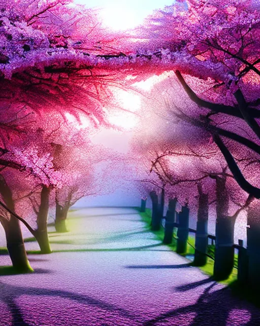 Prompt: highly stylized matte painting of cherry blossoms melting! goo robert steven connett hard daylight 8k high angle shallow depth of field