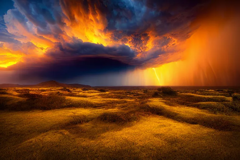 Prompt: yellow gigantic stormcell, landscape photography, sunset, dramatic lighting by Marc Adamus,