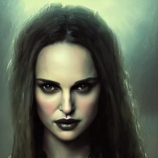 Image similar to closeup portrait of a young natalie portman in a gothic dress, eerie colors, dramatic light, gorgeous view, depth, high detail, digital art, painted by greg rutkowski and seb mckinnon, by tim burton, trending on artstation