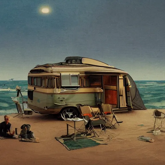 Prompt: Camping with rv by the beach, art nouveau matte painting, highly detailed,