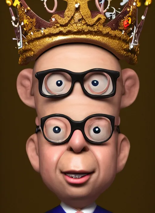 Image similar to closeup face profile portrait of tin toy klaus schwab as a fairytale prince wearing a crown eating cakes, depth of field, zeiss lens, detailed, symmetrical, centered, fashion photoshoot, by nicoletta ceccoli, mark ryden, lostfish, breathtaking, 8 k resolution, extremely detailed, beautiful, establishing shot, artistic, hyperrealistic, octane render