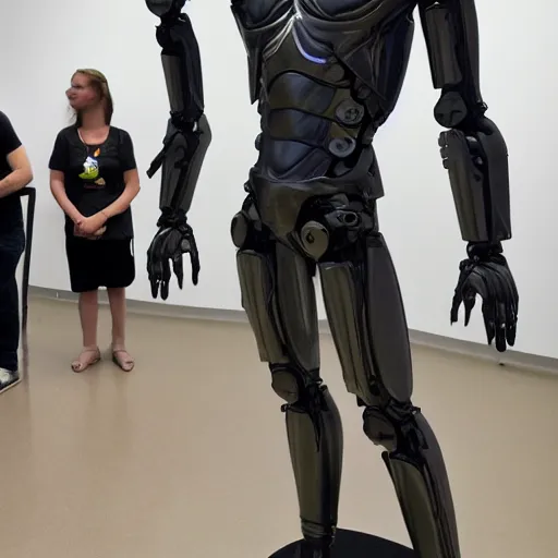 Image similar to a realistic detailed photo of a guy who is an attractive humanoid who is half robot and half humanoid, who is a male android, twitch streamer ninja tyler blevins, shiny skin, posing like a statue, blank stare, at the museum, on display