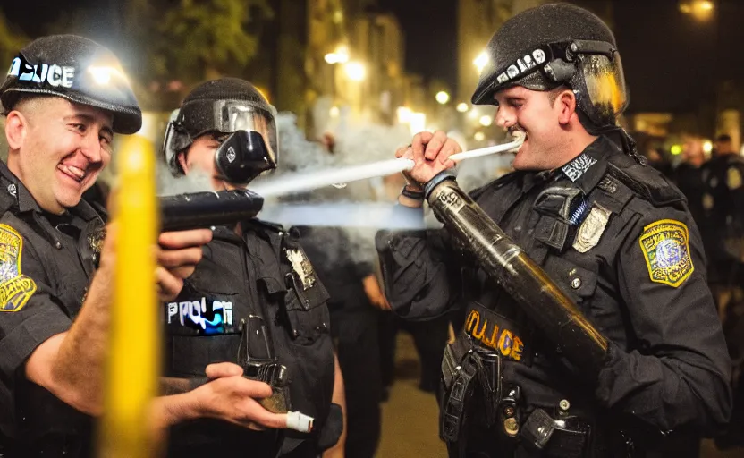 Prompt: photography of police in the night, smoking a very big joint, smiling, flash shot