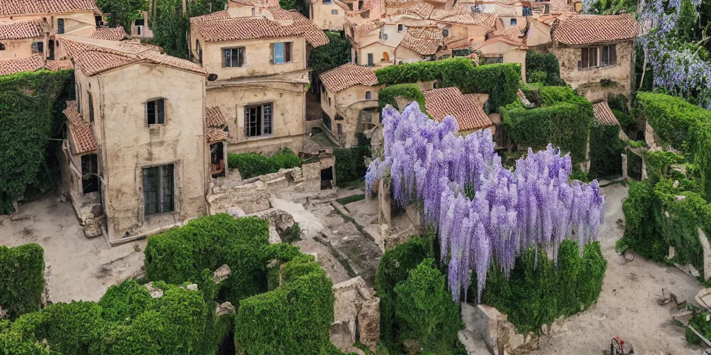 Prompt: drone photo of a ancient roman house with wisteria flowers, wallpaper, arhitectural shot, national geographic, award arhitectural photography, professional arhitectural photography, sunny, day time, beautiful, warm light, fernando guerra, tekla evelina severin, karen vikke