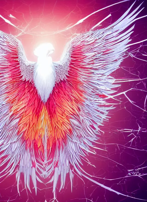 Image similar to white phoenix orange pink salt crystals sharp detail 3d render simple background sharp contrast feathers graphic design fai khadra gaika style