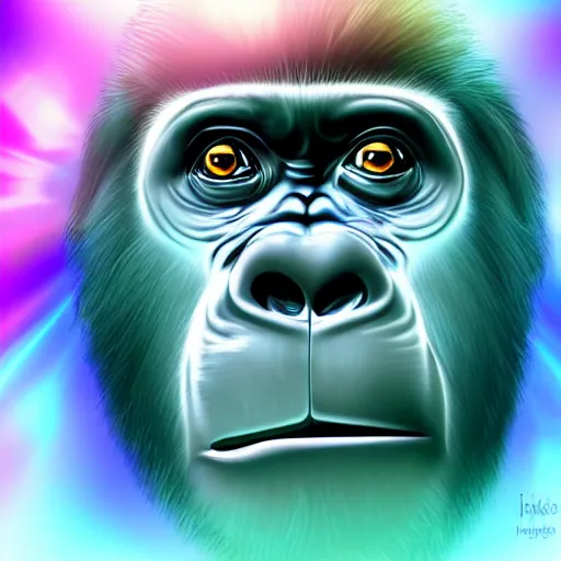 Image similar to a gorilla with iridescent translucent hair, floating, head looking up, digital art, ethereal, iridescent background