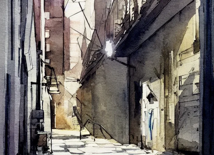 Image similar to concept art of alleyway in england city, pinterest, artstation trending, behance, watercolor, by coby whitmore *, silver, laser light *,