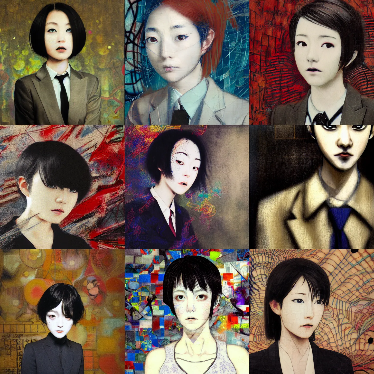 Image similar to yoshitaka amano blurred and dreamy realistic three quarter angle portrait of a young woman with short hair and black eyes wearing office suit with tie, junji ito abstract patterns in the background, satoshi kon anime, noisy film grain effect, highly detailed, renaissance oil painting, weird portrait angle, blurred lost edges