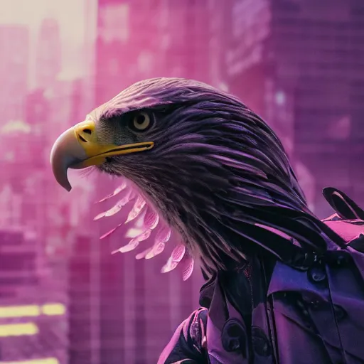 Prompt: eagle with ironed feather wings, cyberpunk, 4 k, bouquet cinema effect,