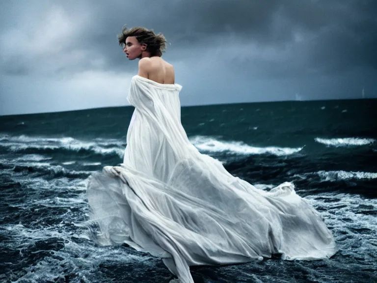 Image similar to cinestill 5 0 d photography of a woman britt marling 3 / 4 style of nicholas fols, 2 0 0 mm, dress in voile, hair like dark clouds floating on air, mute dramatic colours, soft blur outdoor stormy sea background, volumetric lighting, hyperdetailed, hyperrealistic