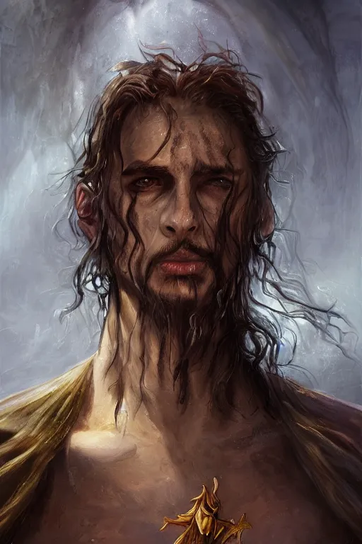 Image similar to a full body high detail fantasy portrait oil painting illustration of a necromancer by justin sweet with face and body clearly visible, flowing hair, high cheekbones, in a scenic background, pretty eyes, realistic proportions, d & d, rpg, forgotten realms, artstation trending, high quality, sombre mood, artstation trending, muted colours, entire person visible!