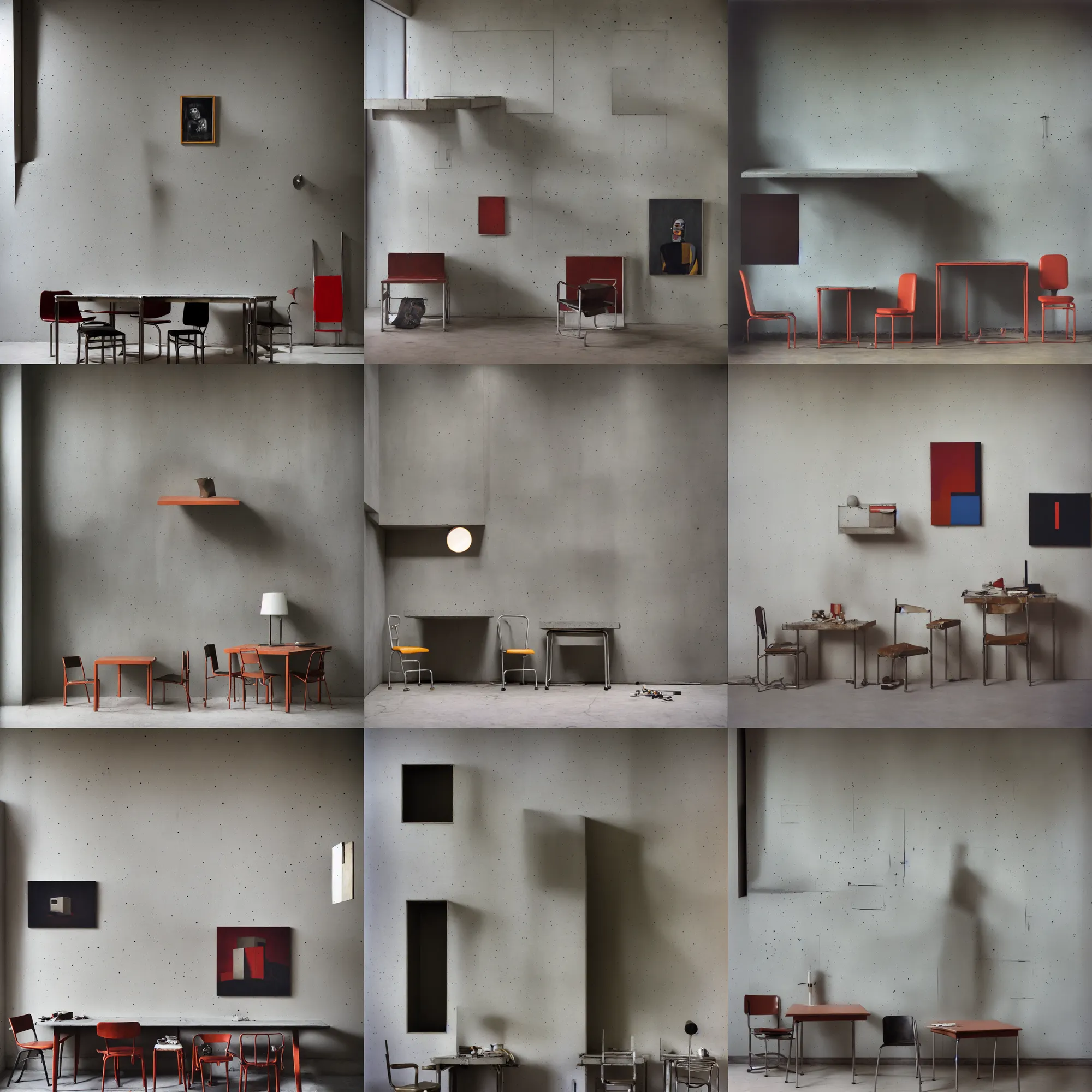 Prompt: kodak portra 4 0 0, 8 k, wide flashlight shot of a highly detailed, britt marling style, award winning colour still - life portrait of a large brutalism bauhaus room with rough concrete walls, a square picasso painting, a 1 9 6 0 s metal table and metal chair, some square paintings